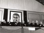 Gheorghe Gheorghiu –Dej, Petru Groza, Vasile Luca, Ana Pauker, C.I.Parhon, M. B. Mitin, A.E. Bogomolov, mareşalul K.E. Vorosilov, Kavtaradze, în prezidiul adunării festive convocată în cinstea celei de-a 7 –a aniversări a eliberării României (Sala de expoziţii din Parcul Herăstrău). (22.08.1951).