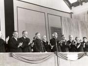 Gheorghe Gheorghiu –Dej, Petru Groza, K.E. Vorosilov, Kavtaradze, Ana Pauker, Vasile Luca, M. B. Mitin, C.I.Parhon, în prezidiul adunării festive organizată de Comitetul Orăşenesc P.M.R. Bucureşti în sala expoziţiilor din Parcul Herăstrău, cu prilejul zilei de 23 august 1951. (22.08.1951).