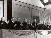 Gheorghe Gheorghiu –Dej, Petru Groza, K.E. Vorosilov, Kavtaradze, Ana Pauker, Vasile Luca, M. B. Mitin, C.I.Parhon în prezidiul adunării festive organizată de Comitetul Orăşenesc P.M.R. Bucureşti în sala expoziţiilor din Parcul Herăstrău, cu prilejul zilei de 23 august 1951. (22.08.1951).