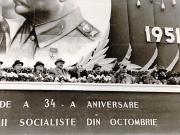 Dej, C.I. Parhon, Kavtaradze S.I, Ana Pauker,  Petru Groza, Teohari Georgescu, V.P. Nichitin, M.B. Mitin, în tribuna oficială la demonstraţia organizată cu prilejul celei de-a 34-a aniversări a Marii Revoluţii Socialiste din Octombrie (Piaţa Aviatorilor). (7.11.1951)