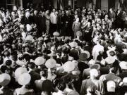 Gheorghe Gheorghiu –Dej, Gh. Tătărăscu, P. Groza, ş.a. la mitingul din faţa Gării Băneasa cu prilejul întoarcerii în ţară a delegaţiei române care a participat la Conferinţa Păcii de la Paris. (21.09.1946).