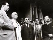 Gheorghe Gheorghiu –Dej vorbind pe peronul Gării Băneasa, cu prilejul înapoierii în ţară de la Conferinţa Păcii de la Paris. Sunt de faţă: Şt. Voitec, Gh. Tătărăscu, P. Groza. (21.09.1946).