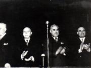 Gh. Gh.-Dej, Petru Groza, C. I. Parhon, S. I. Kavtaradze ş.a. participă la festivitatea organizată la Ateneul Român, cu ocazia sărbătoririi a cinci ani de la eliberarea Ungariei de armata sovietică.(3 aprilie 1950)