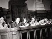 Gh. Gh.-Dej, Petru Groza, Chivu Stoica, I. Chişinevschi, V. Luca, Teohari Georgescu, Ana Pauker participă la Sesiunea Marii Adunări Naţionale, unde s-a discutat şi votat proiectul de lege al Codului Muncii.(29 mai 1950)