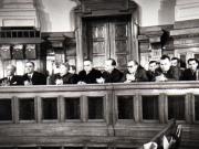 Gh. Gh.-Dej, Petru Groza, Ana Pauker, Vasile Luca, Teohari Georgescu, Iosif Chişinevschi, Chivu Stoica, Leontin Sălăjan, Alexandru Bârlădeanu pe banca ministerială la M.A.N., cu prilejul votării legii Planului Cincinal de dezvoltare a economiei naţionale pe anii 1951-1955. (15 decembrie 1950)