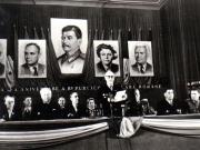 Gh. Gh.-Dej, Mihail Sadoveanu, Constanţa Crăciun, C. I. Parhon, Gh. Florescu, Leontin Sălăjan, Emil Bodnăraş în prezidiul adunării festive de la Ateneul Român consacrată celei de a treia aniversări a R.P.R.(26 decembrie 1950)