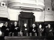 Gh. Gheorghiu-Dej, P. Groza, Th. Georgescu, Ana Pauker,  I. Chişinevschi, V. Luca, ş.a., pe banca ministerială la ce-a de-a XI-a sesiune ordinară a Marii Adunări Naţionale, în cadrul căreia s-a luat în discuţie proiectul de lege pentru aprobarea Bugetului de Stat al R.P.R. pe anul 1952.(26.03.1952).