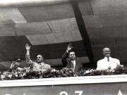 Gh. Gheorghiu-Dej, P. Groza, E. Bodnăraş, V.V. Kuzneţov, ş.a., la parada militară şi demonstraţia oamenilor muncii din Capitală, cu prilejul zilei de 23 August 1952 (Piaţa Aviatorilor).(23.08.1952).