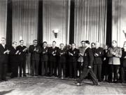 Gh. Gheorghiu-Dej, P. Groza, Al. Moghioroş, Chivu Stoica, Gh. Apostol, M. Constantinescu, I. Chişinevschi, N. Goldberger, L. Chişinevschi, Al. Drăghici, C. Pârvulescu, P. Borilă, ş.a., la solemnitatea înmânării unor distincţii acordate cu prilejul celei de-a V-a aniversări a Republicii Populare Române (Palatul M.A.N.).(30.12.1952).