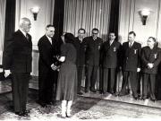 Gh. Gheorghiu-Dej, P. Groza, Al. Moghioroş, Chivu Stoica, Gh. Apostol, M. Constantinescu, I. Chişinevschi, P. Borilă, ş.a., la solemnitatea înmânării unor distincţii acordate cu prilejul celei de-a V-a aniversări a Republicii Populare Române (Palatul M.A.N.).(30.12.1952).