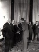 Gh. Gheorghiu-Dej, P. Groza, I. Chişinevschi, Gh. Apostol,  M. Constantinescu, Al. Moghioroş, ş.a., la solemnitatea înmânării unor distincţii acordate cu prilejul celei de-a V-a aniversări a Republicii Populare Române (Palatul M.A.N.).(30.12.1952).