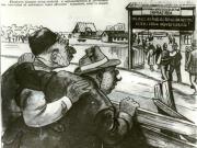 Caricatură: ”Între chiaburi: -Ai văzut? Deşi sunt de naţionalităţi deosebite, au trecut peste”sfânta” duşmănie, pe care noi am aţâţat-o atâta, şi s-au înţeles!” – de A. Lucaci.(1950)