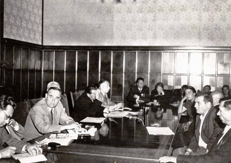 Gheorghe Gheorghiu –Dej, Petru Groza, ş.a., primind la Consiliul de Miniştri vizita delegaţiei decolhozniei, muncitori de la S.M.T.şi sovhozuri, tehnicieni şi specialişti din U.R.S.S. (10.09.1951).
