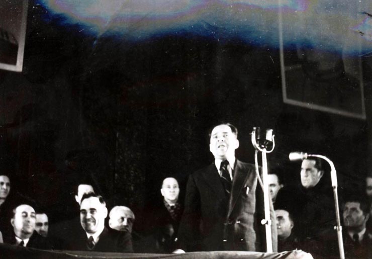 Gheorghe Gheorghiu –Dej, C. Doncea la marele miting al oamenilor muncii din sala „Aro”, cu prilejul sărbătoririi unui an de la instalarea primului guvern democrat din istoria României. (06.03.1946).