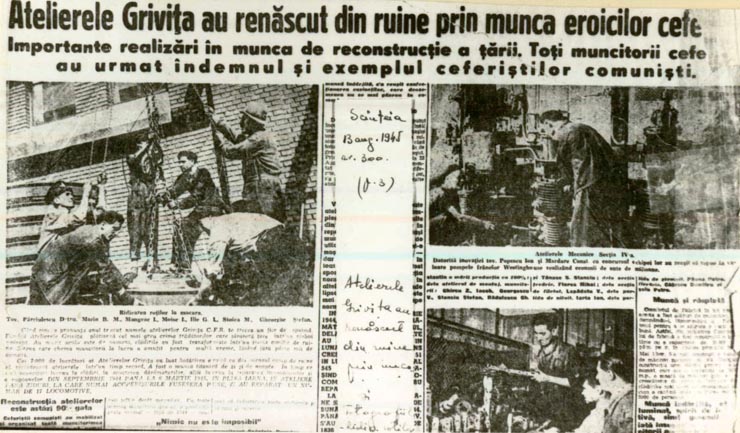 Atelierele ”Griviţa au renăscut din ruine prin munca eroicilor ceferisti”, imagine apărută în ”Scânteia” din 13 august 1945.(13 august 1945)