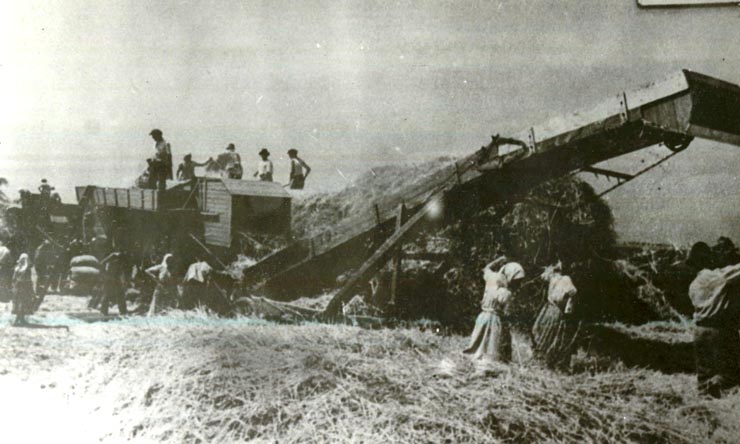 Fotografie: Ţărani muncitori lucrând la arie cu unelte mecanizate.(1952)