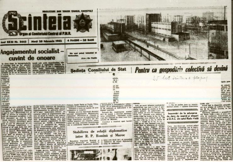 Prima pagină din ziarul ”Scânteia” cuprinzând informaţii despre gospodăriile agricole colective, procesul de producţie în industrie, etc.(20 februarie 1962)