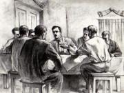 Fotografie după un desen reprezentând pe Gheorghe gheorghiu-Dej şi alte persoane la Consfătuirea Comitetului de acţiune al ceferiştilor din Cluj (1932).