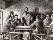 Desen reprezentând pe Gheorghe Gheorghiu-Dej, Chivu Stoica, Gheorghe Apostol şi alte persoane, la  Conferinţa de partid de la Doftana din anul 1938 (1938).