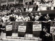 Gh.Gheorghiu Dej, Petru Groza, Romulus Zăroni şi alte persoane la tribună în timpul desfăşurării lucrărilor Congresului Frontului Plugarilor din 24 iunie 1945 de pe Stadionul A.N.E.F. din Bucureşti (Mihai Ralea, Miron Belea, Petru Groza, Romulus Zăroni).(24 iunie 1945)