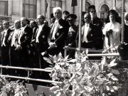 Gheorghe Gheorghiu Dej, L.Rădăceanu, Ştefan Voitec şi alte persoane, în tribuna din Piaţa Palatului R.P.R. primind defilarea trupelor cu prilejul zilei de 23 august 1945 (Teohari Georgescu, Petre Constantinescu Iaşi, prof. G.Nicolau).(23 august 1945)