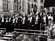 Gheorghe Gheorghiu Dej, Lotar Rădăceanu, Ştefan Voitec şi alte persoane, în tribuna din Piaţa Palatului R.P.R., primind defilarea trupelor cu prilejul zilei de 23 august 1945 (Mihai Ralea, Lucreţiu Pătrăşcanu, Teohari Georgescu, Lotar Rădăceanu, Petre Constantinescu Iaşi, prof. G. Nicolau).(23 august 1945)