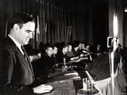 Gh.Gheorghiu Dej prezintă raportul politic al C.C. la Conferinţa Naţională a  P.C.R. (Miron Constantinescu, Ana Pauker, Vasile Luca, Constantin Pârvulescu).(17- 21 octombrie1945)