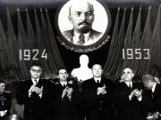 Gheorghe Gheorghiu –Dej, Alexandru Moghioroş, M.F. Ionescu, M. Constantinescu, la masa prezidiului adunării comemorative din sala Ateneului R.P.R., cu prilejul sărbătoririi a 29 de ani de la moartea lui Lenin.(21.01.1953).