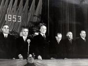 Gheorghe Gheorghiu –Dej, Petru Groza, M.F. Ionescu, Chişinevschi Iosif, M.B. Mitin, Chivu Stoica la masa prezidiului adunării comemorative din sala Ateneului R.P.R., cu prilejul sărbătoririi a 29 de ani de la moartea lui Lenin. (21.011953).