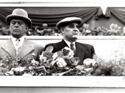 Gheorghe Gheorghiu –Dej şi P. Groza în tribuna centrală din Piaţa Aviatorilor la marea demonstraţie a oamenilor muncii, în cinstea zilei de 1 Mai.   (01.05.1953).