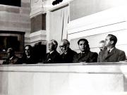P. Groza, M. Sadoveanu, Traian Săvulescu şi alte persoane la primul Congres al fruntaşilor din Gospodăriile Agricole Colective, care şi-a desfăşurat lucrările în sala din Bd. Magheru.(21-23.05.1953).