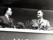 Gheorghe Gheorghiu –Dej şi L.G.Melnicov, ambasadorul Uniunii Sovietice la Bucureşti, în tribuna centrală din Piaţa Aviatorilor, cu prilejul paradei militare şi a demonstraţiei oamenilor muncii din Capitală, în cinstea zilei de 23 August.(23.08.1953).