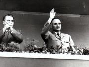 Gheorghe Gheorghiu –Dej şi L.G.Melnicov, ambasadorul Uniunii Sovietice la Bucureşti, în tribuna centrală din Piaţa Aviatorilor, cu prilejul paradei militare şi a demonstraţiei oamenilor muncii din Capitală, în cinstea zilei de 23 August.(23.08.1953).