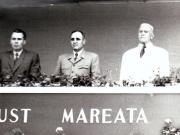 Gheorghe Gheorghiu –Dej şi L.G.Melnicov, ambasadorul Uniunii Sovietice la Bucureşti  şi P. Groza în tribuna centrală din Piaţa Aviatorilor, cu prilejul paradei militare şi a demonstraţiei oamenilor muncii din Capitală, în cinstea zilei de 23 August.       (23.08.1953).