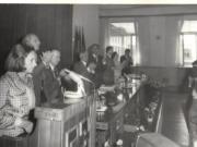 Aspect de la prezidiul lucrărilor Plenarei Consiliului Naţional pentru Ştiinţă şi Tehnologie. (7-8.VI.1979).