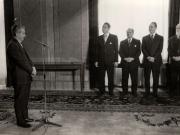 Solemnitatea decorării lui Gheorghe Oprea şi Gheorghe Pană la împlinirea vârstei de 50 de ani. Li s-a conferit „Ordinul Muncii” clasa I. (15 aprilie 1977)