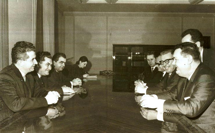 Nicolae Ceauşescu, Paul Niculescu – Mizil, Mihai Dalea în timpul convorbirilor oficiale cu delegaţia Partidului Comunist din Austria, condusă de Franz Muhri, preşedintele P.C. din Austria. (11 II 1967)