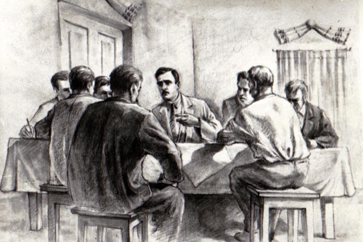 Fotografie după un desen reprezentând pe Gheorghe gheorghiu-Dej şi alte persoane la Consfătuirea Comitetului de acţiune al ceferiştilor din Cluj (1932).