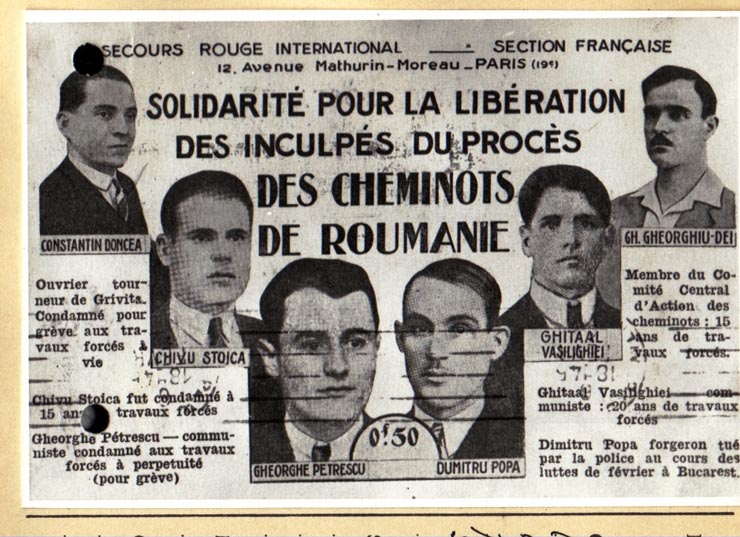 Fotografie după originalul (carte poştală) în limba franceză, tipărit de Ajutorul Roşu Internaţional, cuprinzând portretele lui Gheorghe Gheorghiu-Dej, Chivu Stoica, Gheorghe Vasilichi, Dumitru Popa,Gheorghe Petrescu, Constantin Doncea (1934).