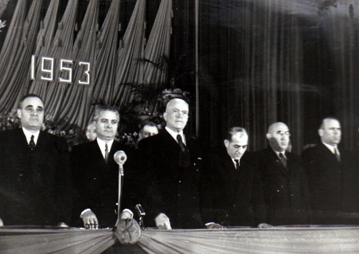 Gheorghe Gheorghiu –Dej, Petru Groza, M.F. Ionescu, Chişinevschi Iosif, M.B. Mitin, Chivu Stoica la masa prezidiului adunării comemorative din sala Ateneului R.P.R., cu prilejul sărbătoririi a 29 de ani de la moartea lui Lenin. (21.011953).