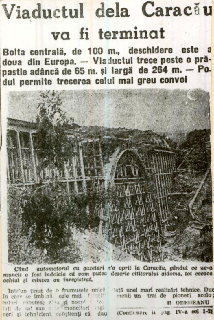 ”Viaductul de la Caracău” în curs de repunere în funcţie. Imagine apărută în ”Scânteia” din 19 iunie 1946.(19 iunie 1946)