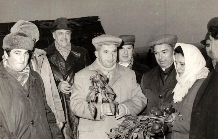 Vizita de lucru a lui Nicolae Ceauşescu în judeţul Argeş, unde a examinat măsurile luate pentru strângerea grabnică a recoltei; la Leordeni. (19 octombrie 1976)