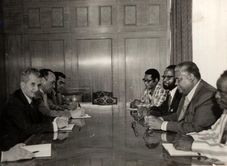 Primirea de către preşedintele Nicolae Ceauşescu a delegaţiei Uniunii Africane a Poporului Zimbabwe (ZAPU), condusă de Joshua Nkomo, preşedintele organizaţiei, care a făcut o vizită de prietenie în ţara noastră. (29 iunie 1977)